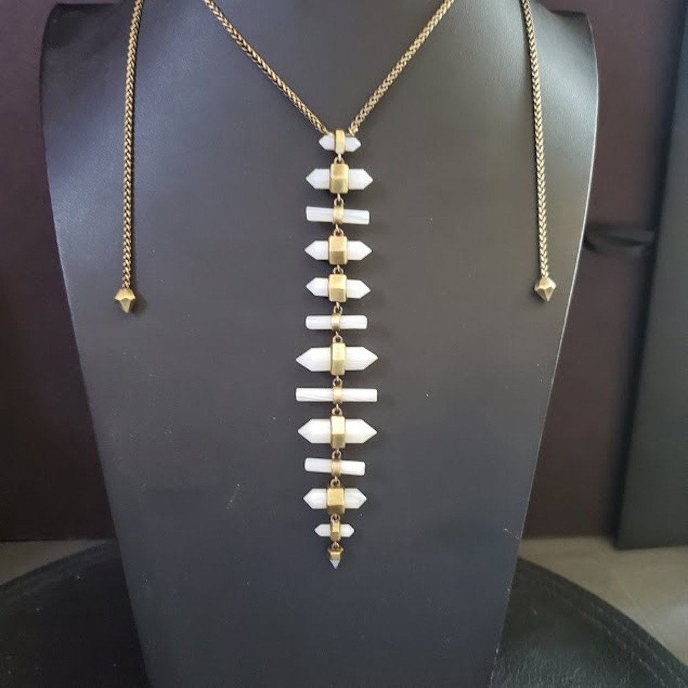 Kendra Scott Samantha Y-Necklace Antique Brass White Banded Agate Adjustable
